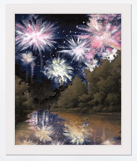 Fireworks Over The Trees White Framed Print Under Plexiglass